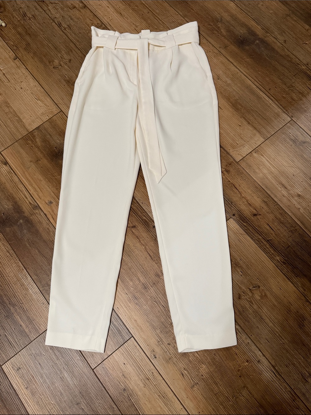 Express High-Waist Cream Paperbag Trousers with Tie Belt